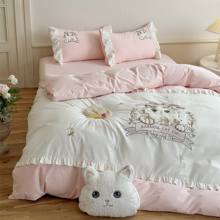 Ragdoll Cat Embroidered Cotton Sateen Duvet Cover Set with Frilled Edge & Decorative Pillow Shams