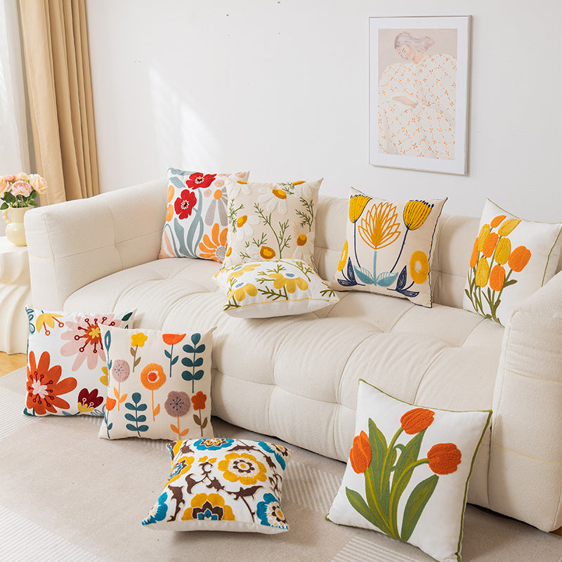 Embroidered Botanical Throw Pillow Cover