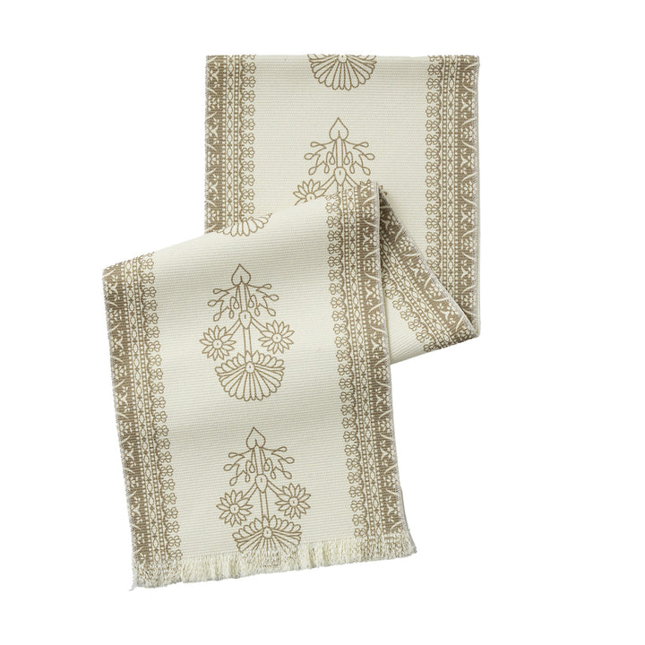 Woven runner with vintage-oriental floral pattern and fringes