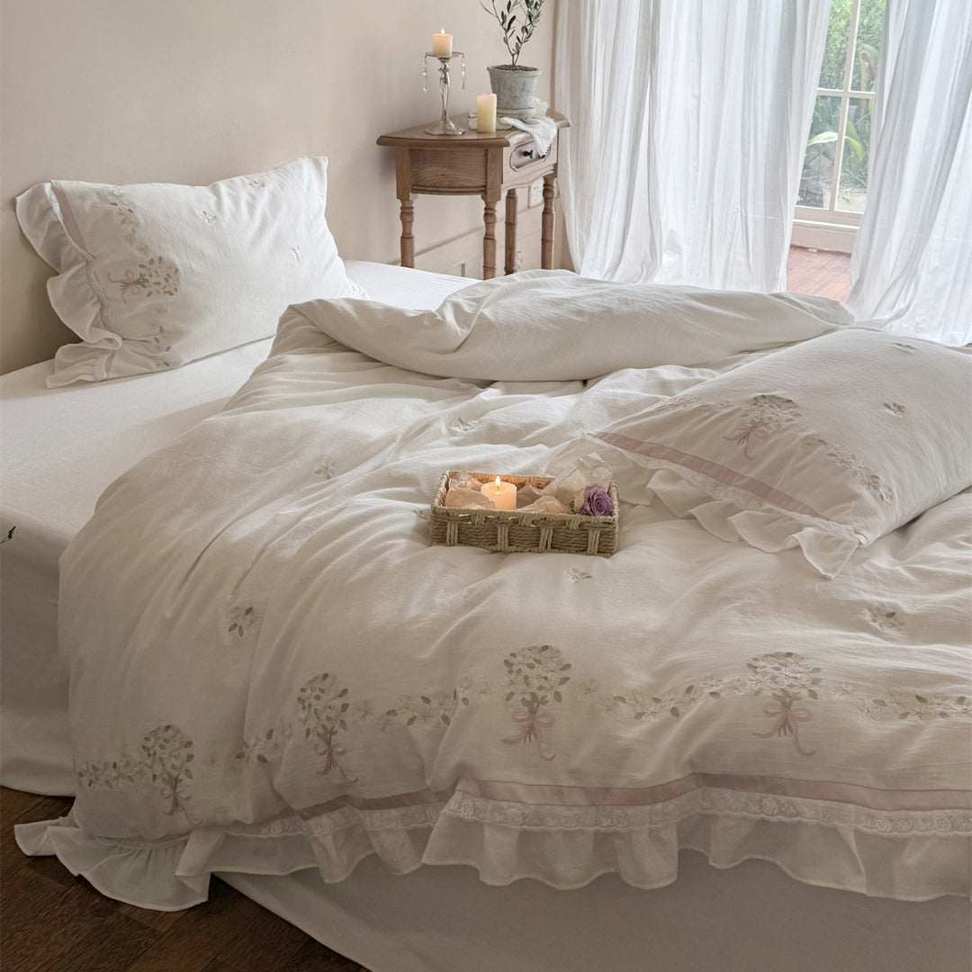 Embroidered Ruffled Linen-Cotton Duvet Cover Set
