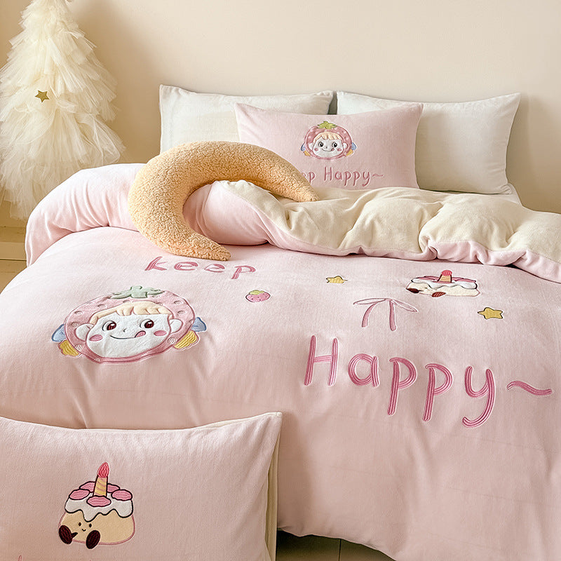 Children's bedding set with cuddly fleece blanket and pillowcases bunny motif