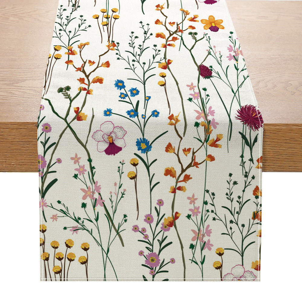 Linen-Blend Watercolor Floral Botanical Table Runner with Stain-Resistant Finish and Hemmed Edges