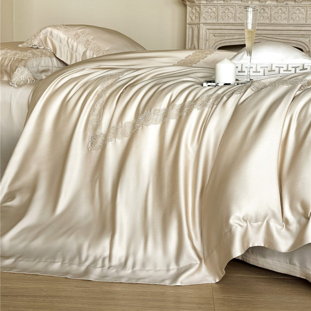 Silky Embroidered Floral Sateen Duvet Cover Set with Lace-Trim Shams