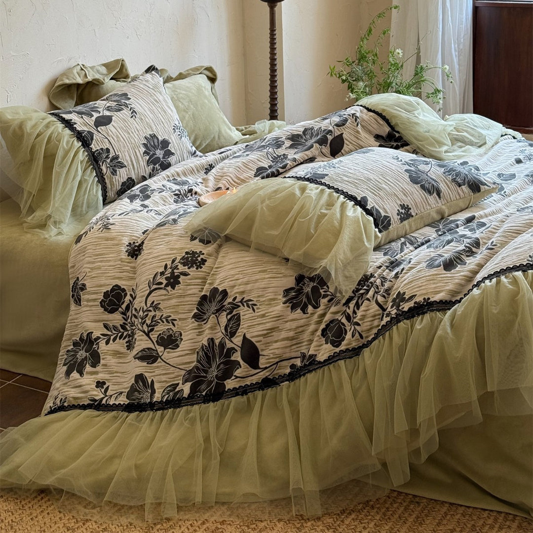 Floral Tulle-Ruffled Duvet Cover Set with Decorative Pillow Shams