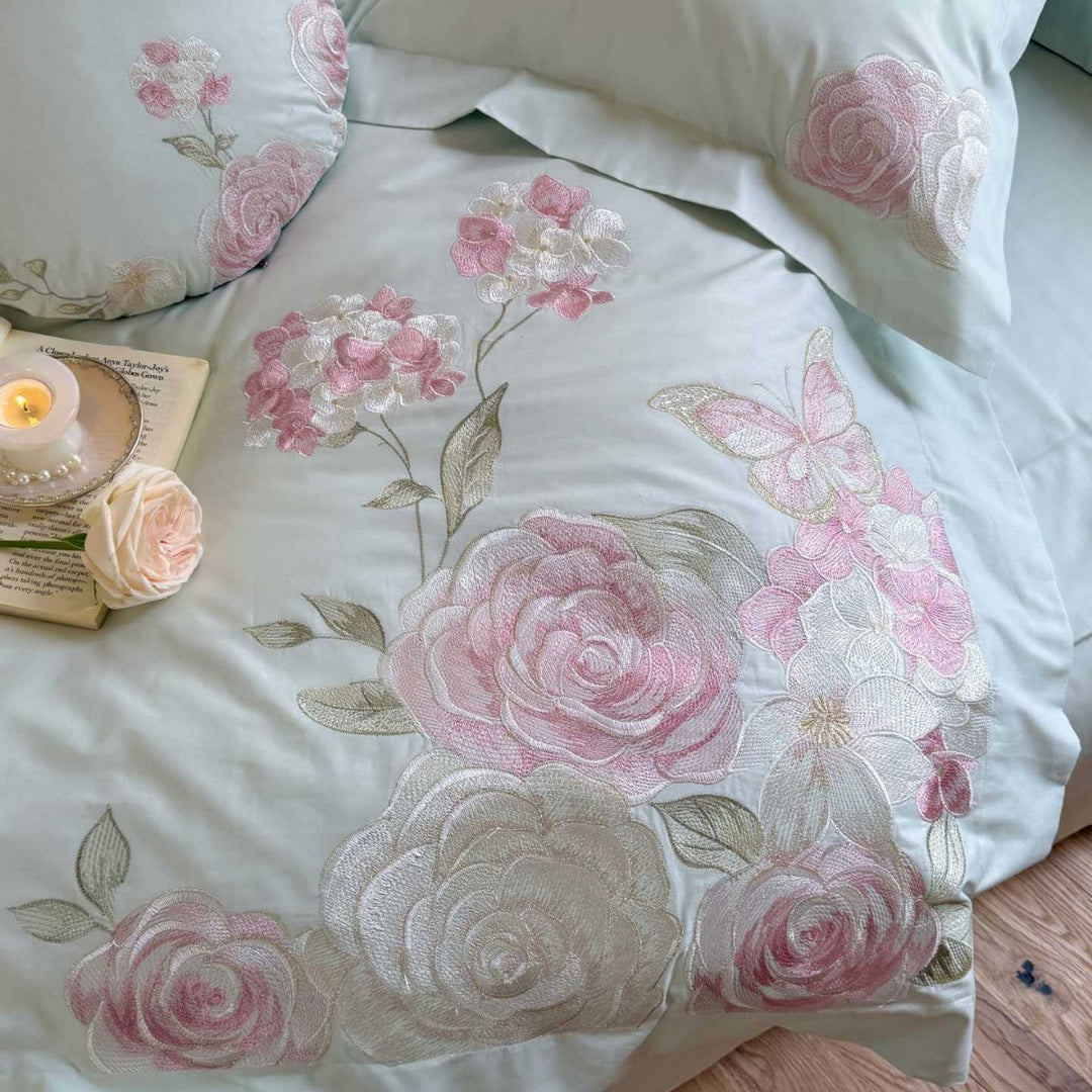 Embroidered Floral Cotton Sateen Duvet Cover Bedding Set with Decorative Shams & Round Throw Pillow