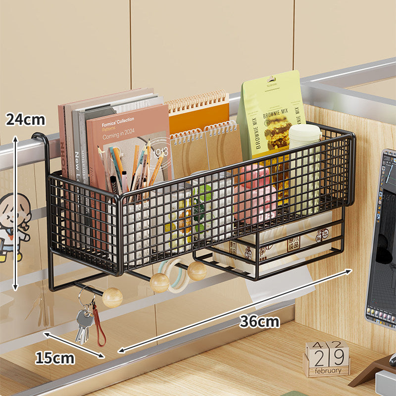 Desk Rail-Mounted Mesh Organizer Basket with Hooks