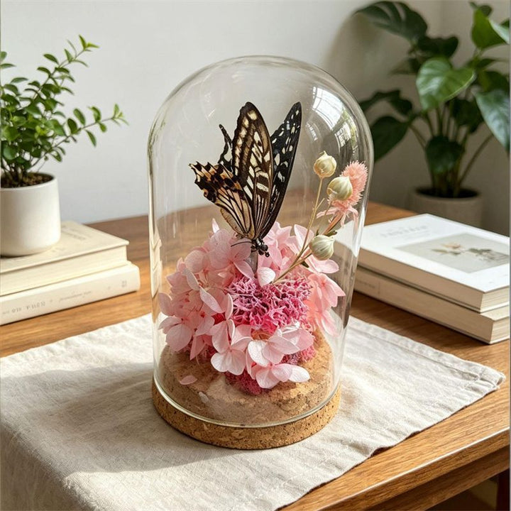 Glass Terrarium with Preserved Flowers and Butterfly