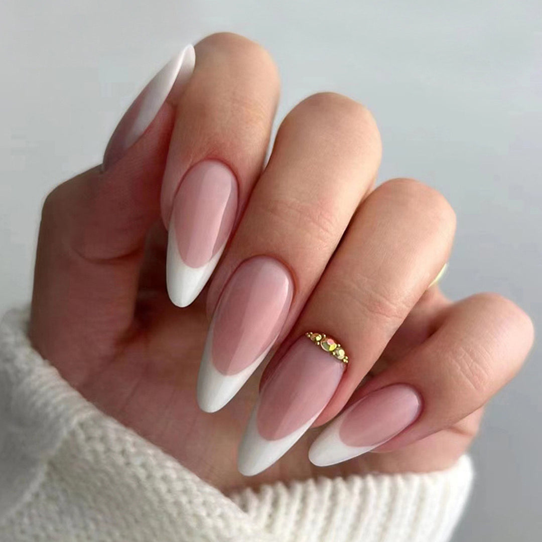 Elegant artificial nails with stylish French design and glitter accents Stornfield