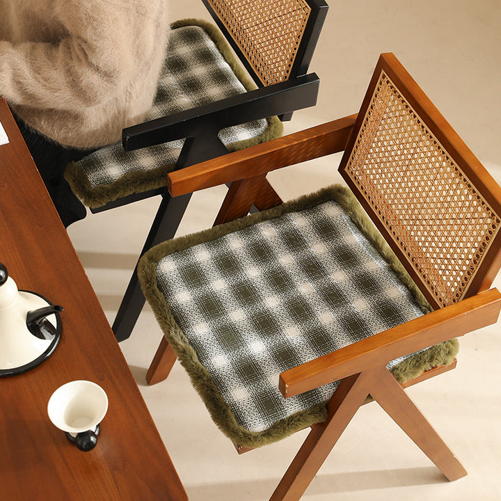 Padded checked chair cushion with faux fur border Stornfield