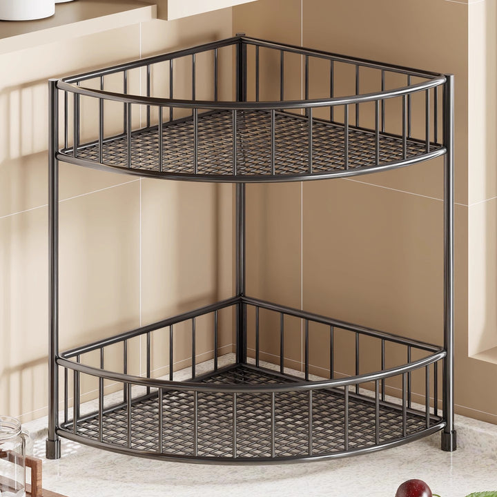 Three-Tier Rounded Corner Kitchen Storage Rack with Raised Rails and Mesh Shelves