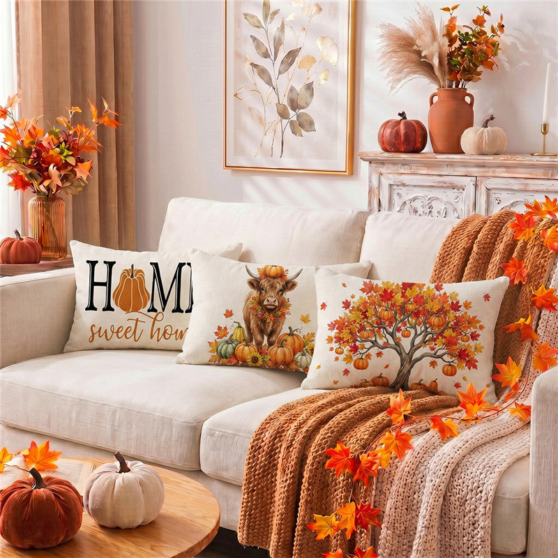 Rectangular Linen-Cotton Decorative Pillow Cover with Polka Dot Background and Autumn Pumpkin Floral Print