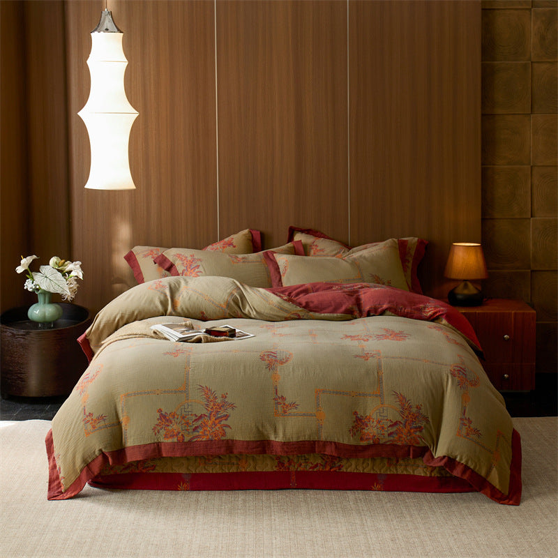 Duvet cover set made of densely woven cotton satin with ornamental jacquard pattern and reversible function