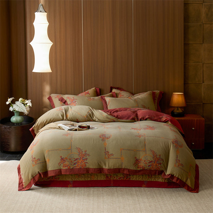Duvet cover set made of densely woven cotton satin with ornamental jacquard pattern and reversible function