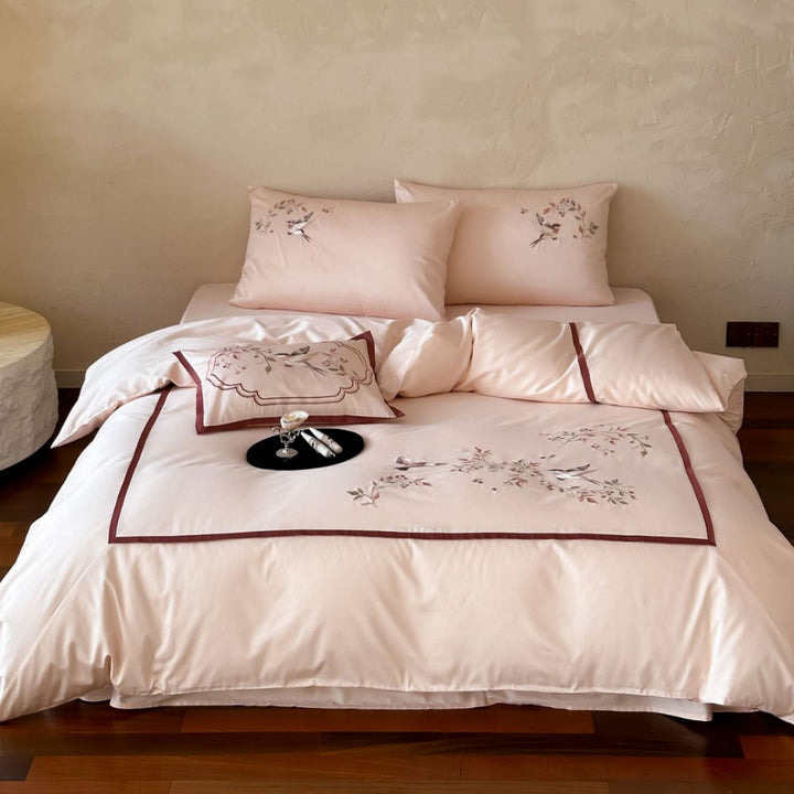 Embroidered Bird and Floral Cotton Sateen Duvet Cover Set with Piped Border and Decorative Sham
