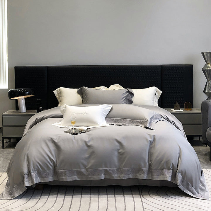 Luxury Long-Staple Cotton Sateen Duvet Cover Bedding Set with Embroidered Border