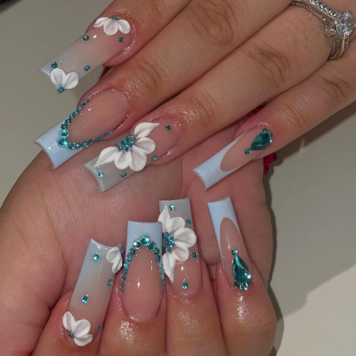 Artificial nail set with luxurious decorations and delicate ombre effect Stornfield