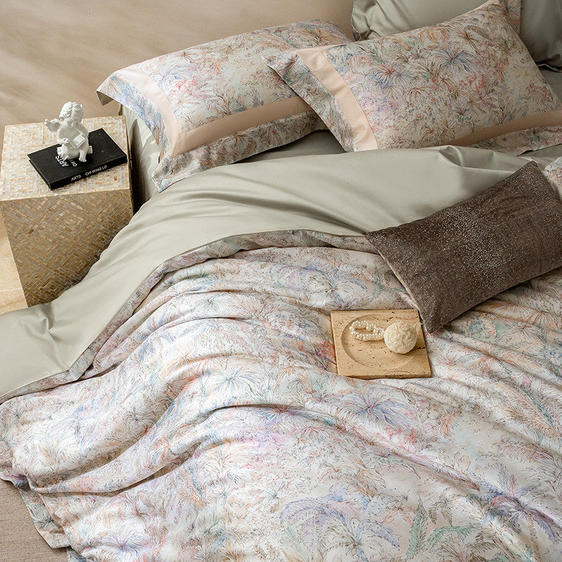 Reversible Botanical-Print Cotton Sateen Duvet Cover Set with Silky Sateen Reverse & Hidden Closure