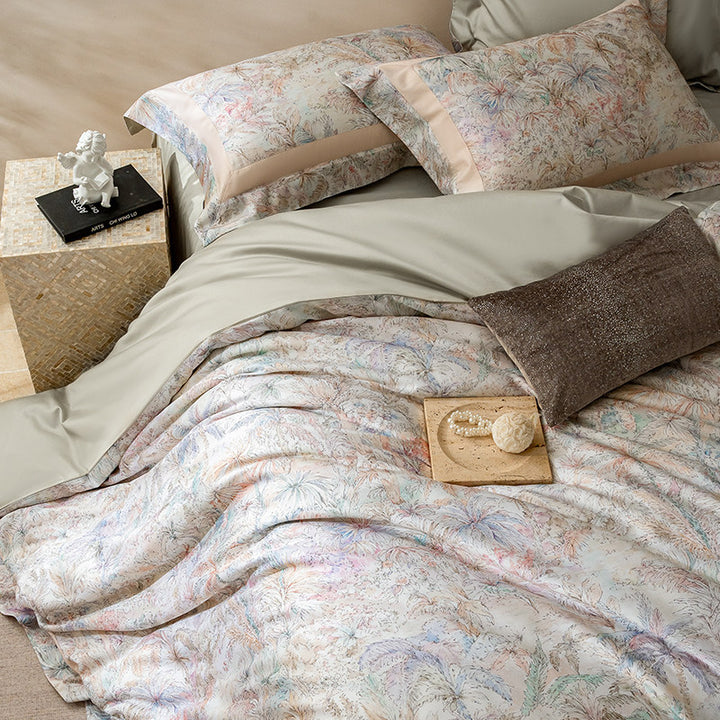 Reversible Botanical-Print Cotton Sateen Duvet Cover Set with Silky Sateen Reverse & Hidden Closure