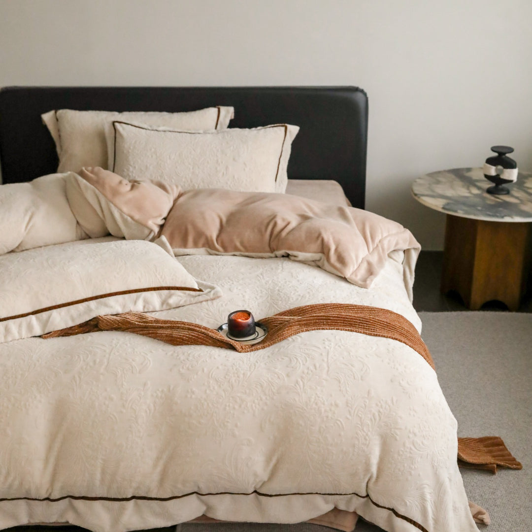 Quilted Microfiber Duvet Cover Set with Piped Shams and Embossed Leaf Texture