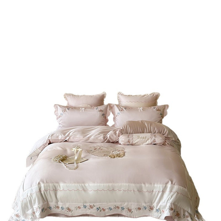 Embroidered Ruffled Satin-Feel Floral Duvet Cover Set with Decorative Bolster and Scalloped Hem