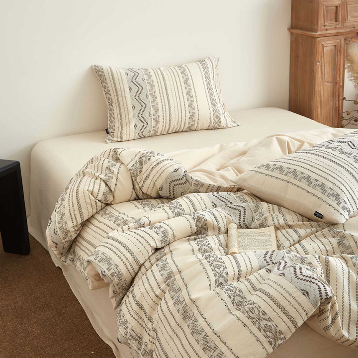 Washed Cotton-Linen Tribal Stripe Duvet Cover and Pillowcase Set