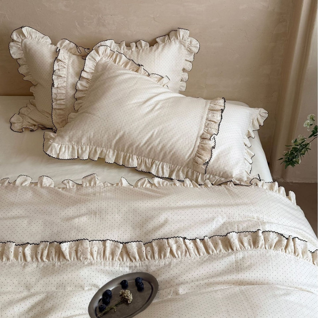 Cottage Ruffled Duvet Cover Ensemble with Microdot Cotton Sateen Frilled Hem and Piped Pillow Shams