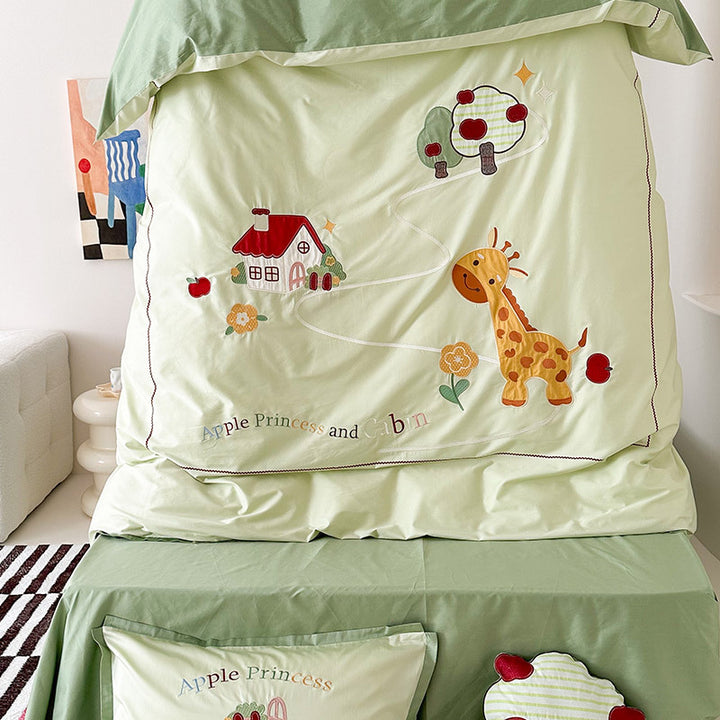 Child bedding set with applied safari giraffe, apple tree motif and fine embroidery