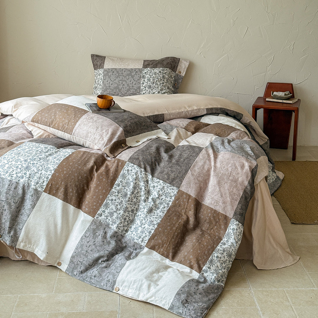Patchwork Floral Cotton Percale Duvet Cover Set with Button Closure and Corner Ties