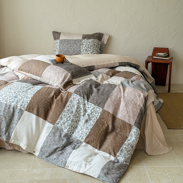Patchwork Floral Cotton Percale Duvet Cover Set with Button Closure and Corner Ties