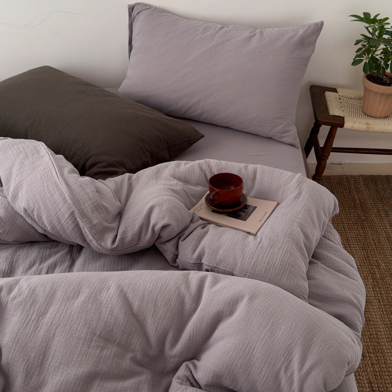 Washed Cotton Gauze Textured Duvet Cover Set with Deep-Pocket Fitted Sheet