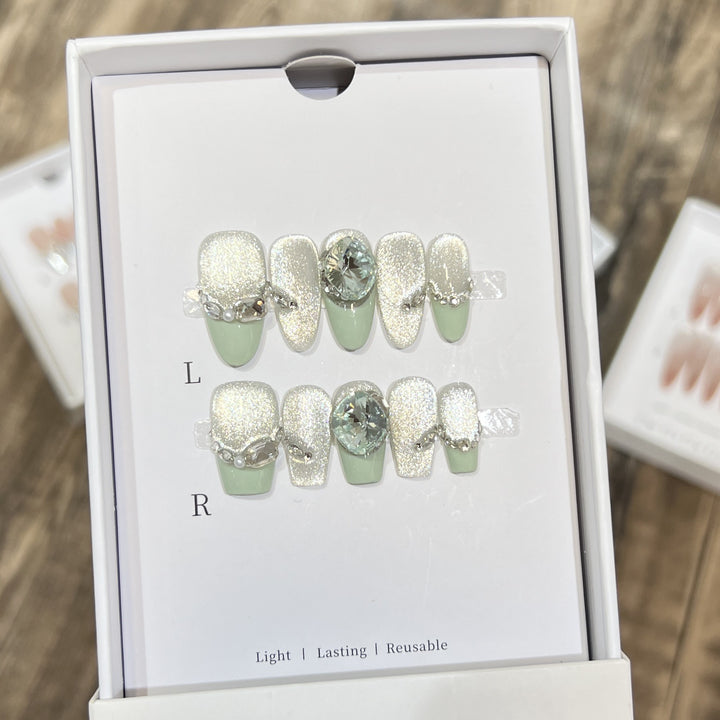 Glamorous Reusable Press-On Nail Set with Gemstone Accents Stornfield