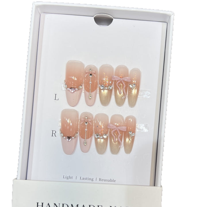 Decorative Stiletto Press-On Nail Art Set with Elegant Ribbons and Gems Stornfield