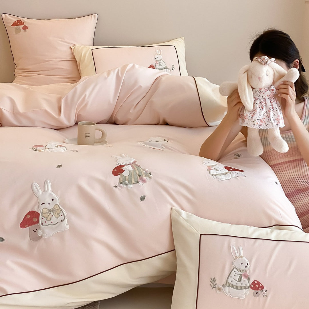 Embroidered Cotton Sateen Bunny and Mushroom Duvet Cover Set with Contrast Piping