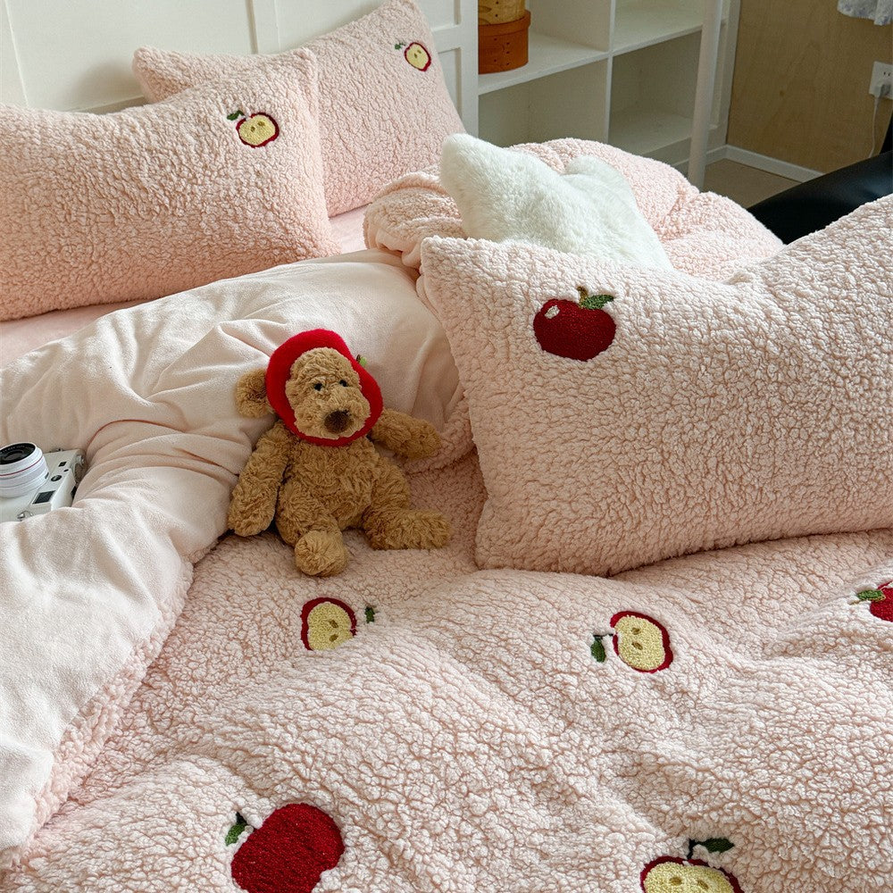 Plush quilt set with rabbit embroidery and Sherpa surface