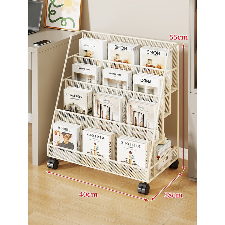 Angled Mesh Rolling Magazine and Book Display Shelf with Locking Casters