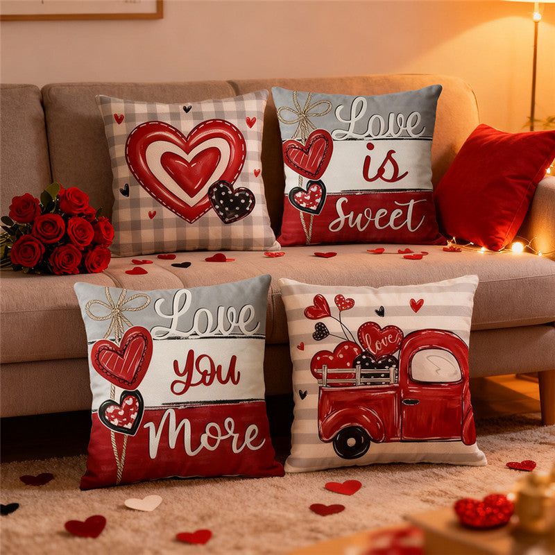 Cotton-Linen Gingham Decorative Throw Pillow Cover with Layered Heart Print and Hidden Zipper