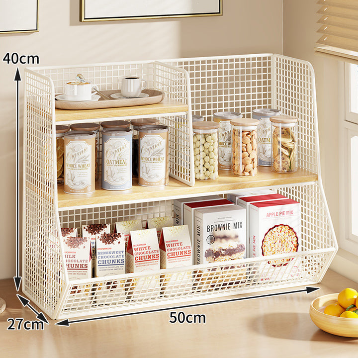 Multi-Tier Wire Mesh Countertop Pantry Organizer with Wood Shelves and Basket