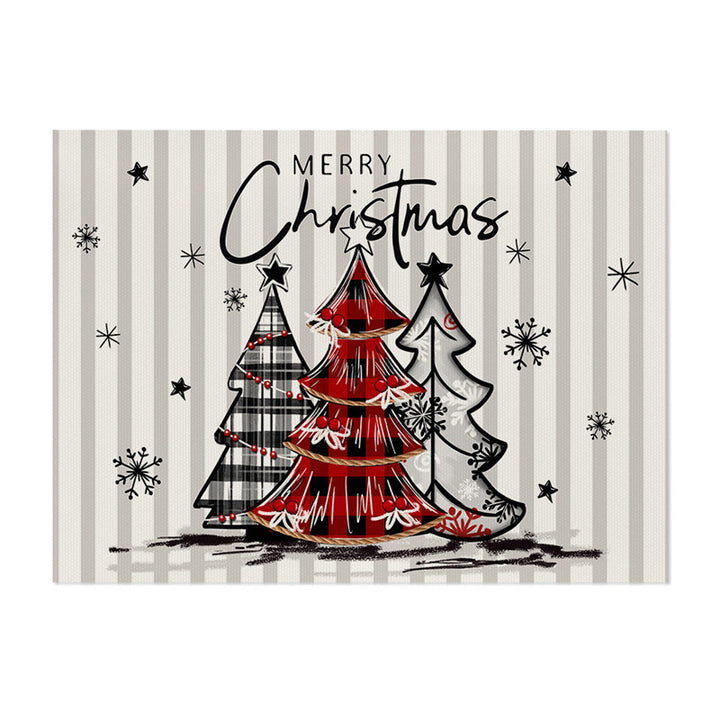 Decorative Rectangular Cotton-Linen Holiday Tablecloth with Repeating Hand-Painted Christmas Tree Motif