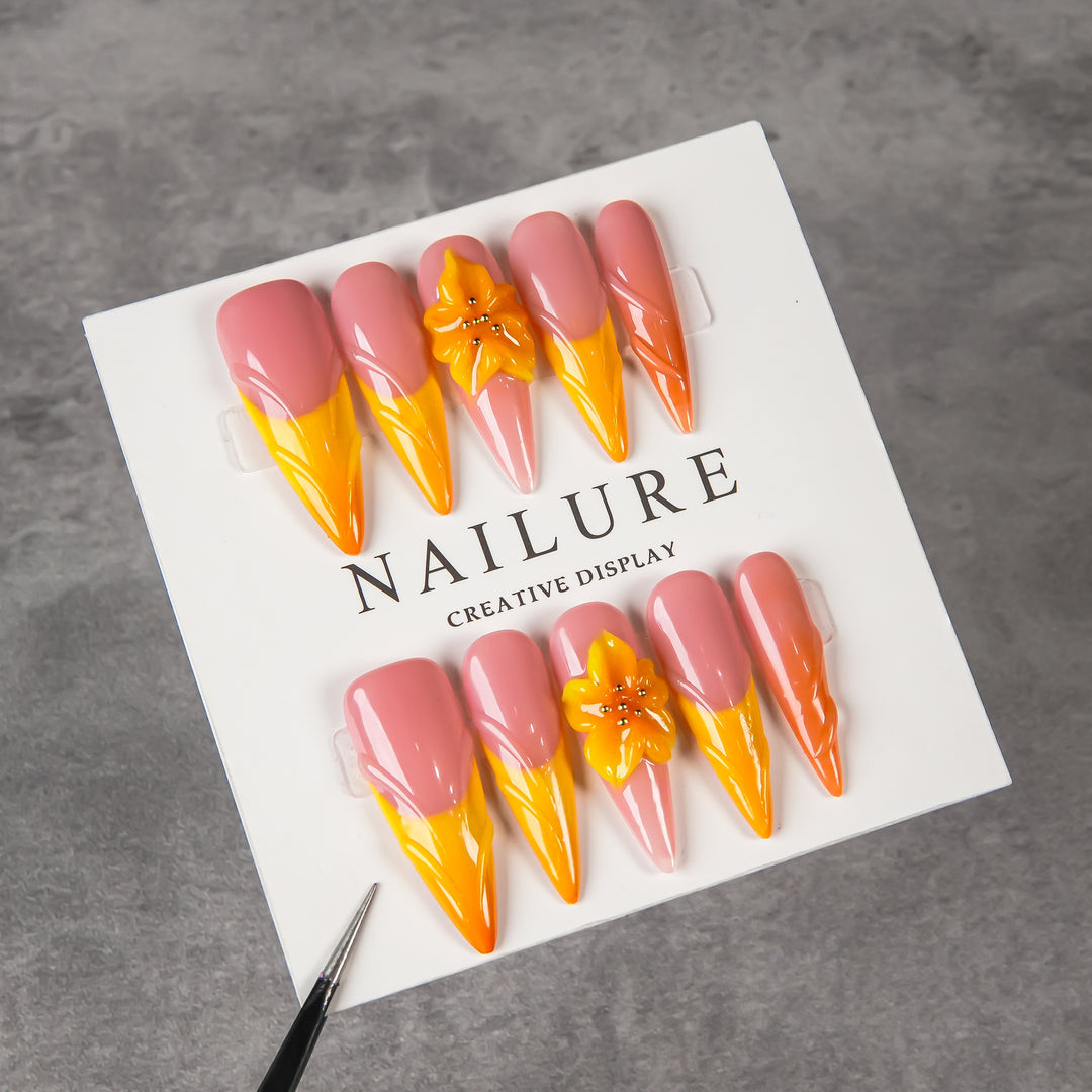 Artistic Stiletto Press-On Nail Set with Flower Accents