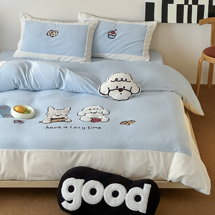 Cozy bedding set with embroidered cartoon dog motifs