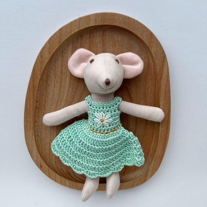 Artisan Linen Play Mouse Doll with Gingham Dress