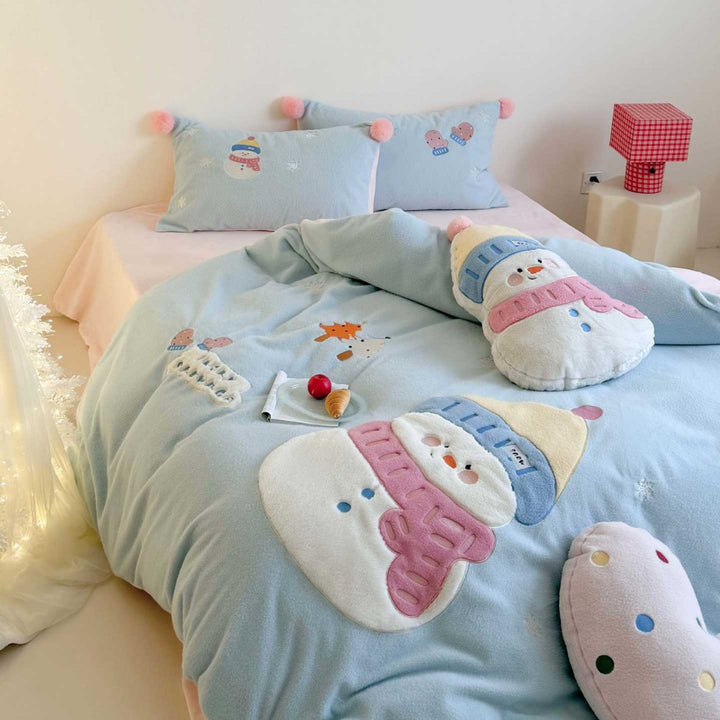 Plush Snowman Embroidered Reversible Coral Fleece Duvet Cover Set