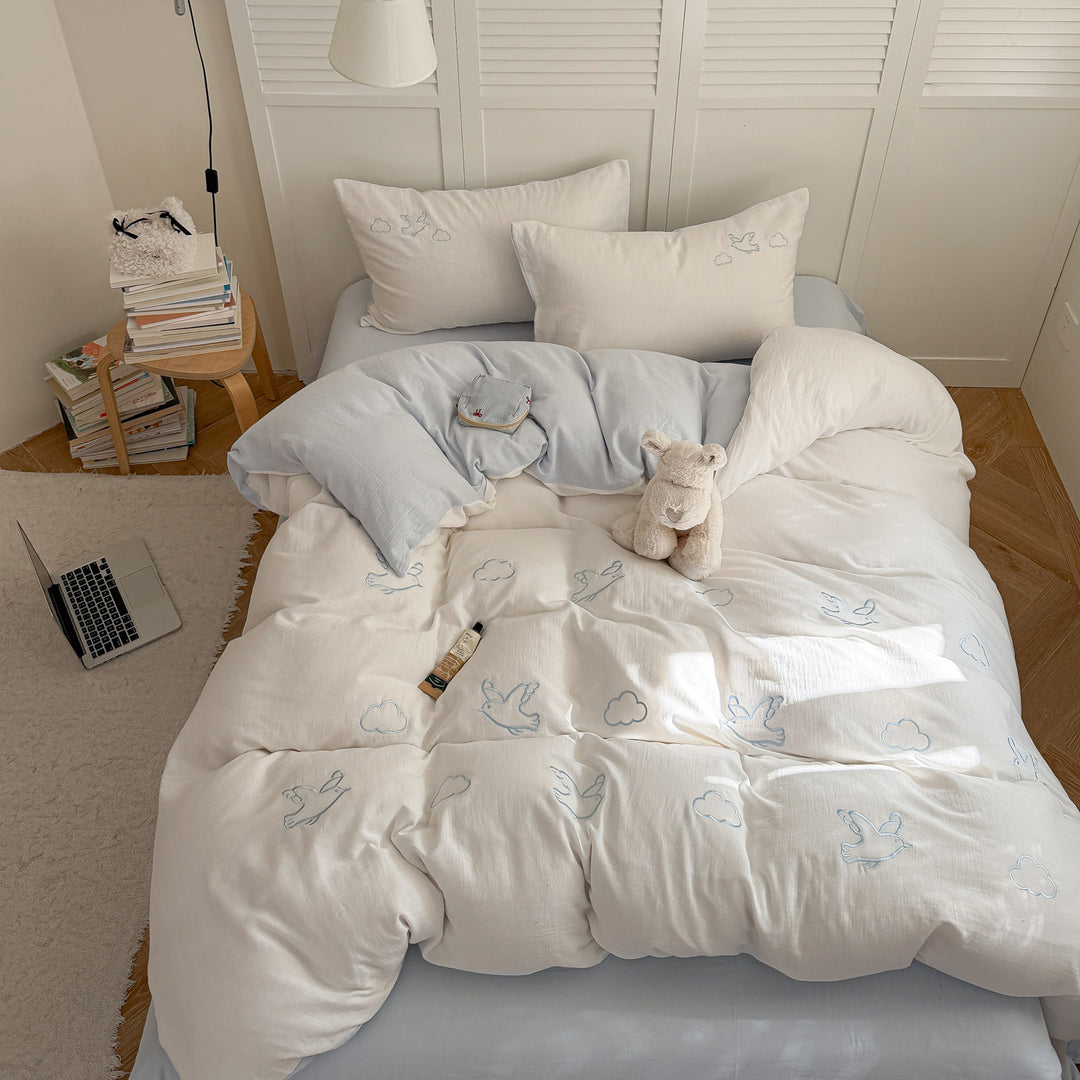 Pastel Bunny Embroidered Cotton Percale Duvet Cover and Pillow Sham Set