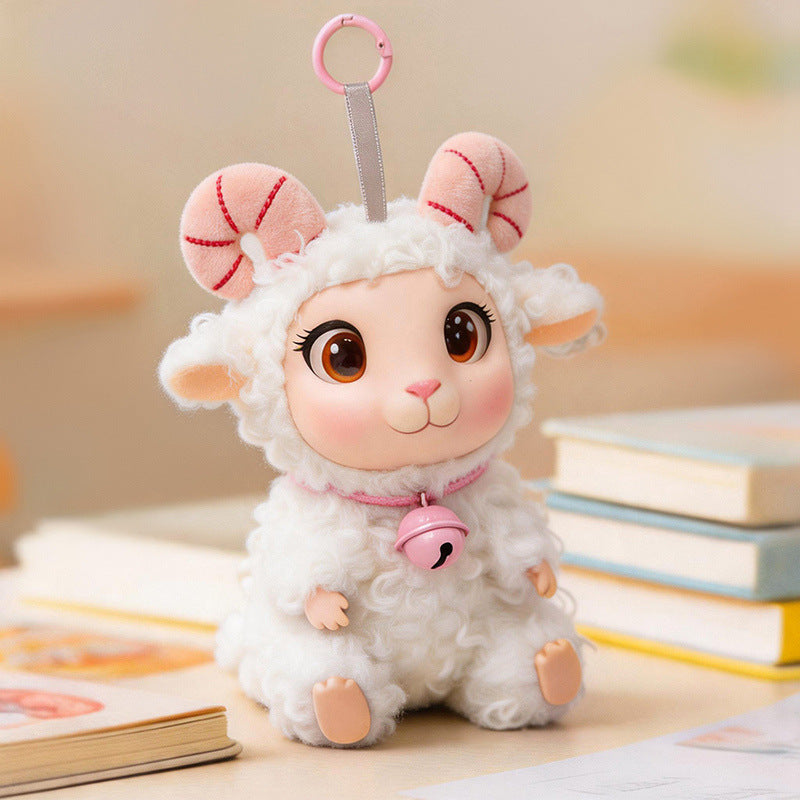 Plush Ram Keychain Charm with Curly Faux-Fur, Sculpted Face, Bell Necklace and Metal Ring Stornfield