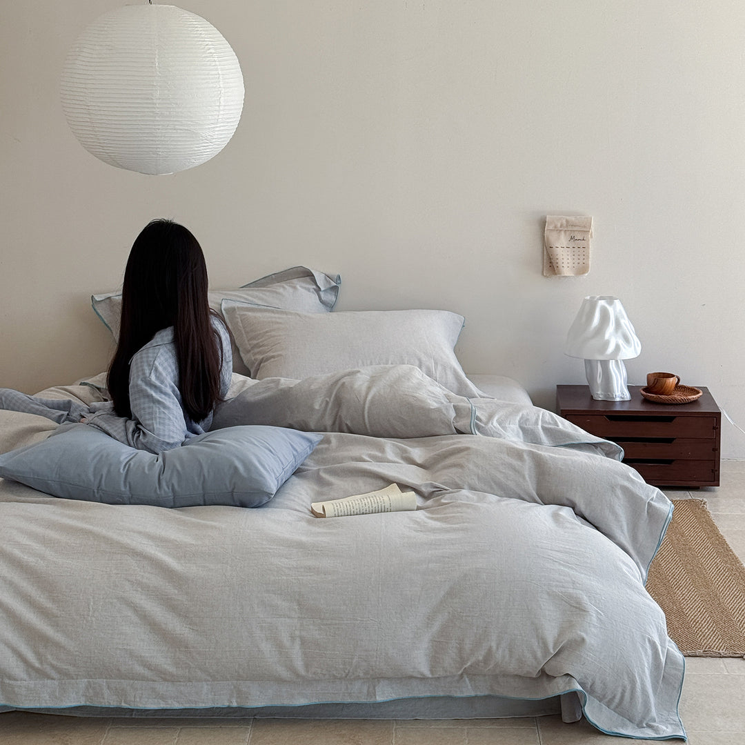 Washed Linen Cotton Duvet Cover Set with Flanged Pillowcases and Contrast Piping