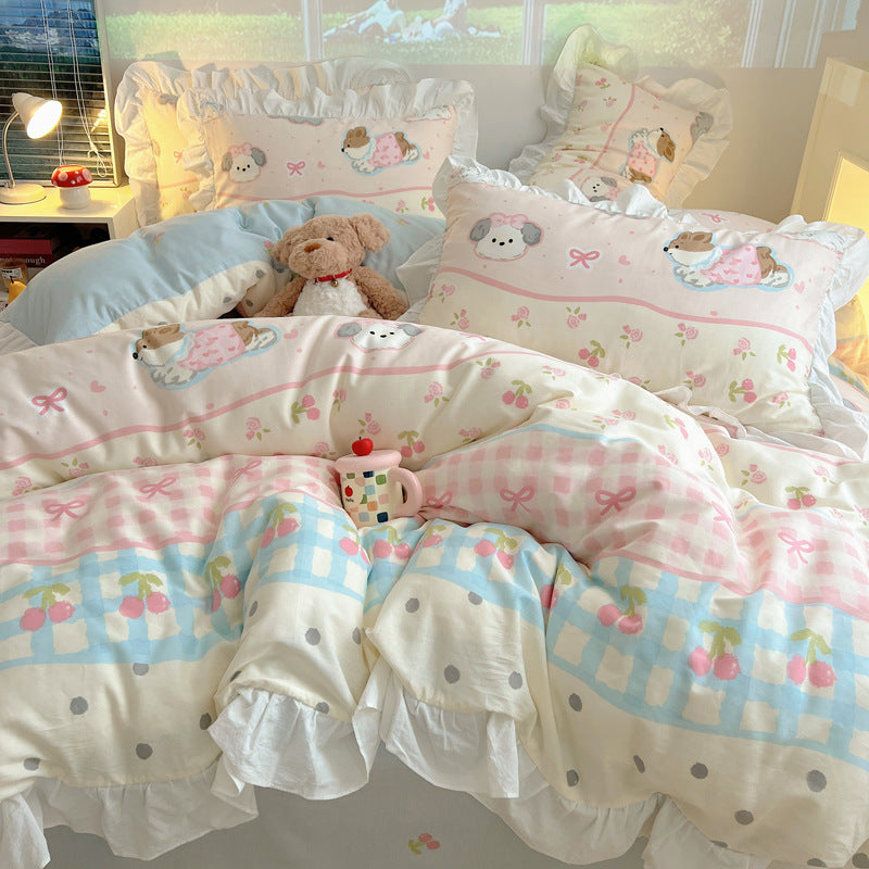 Frilled-Edge Pastel Storybook Print Cotton Duvet Cover and Sham Set
