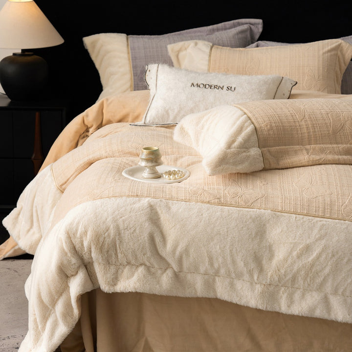 Plush Reversible Faux-Fur Comforter Set with Quilted Butterfly-Embossed Cotton Top and Decorative Throw Pillow