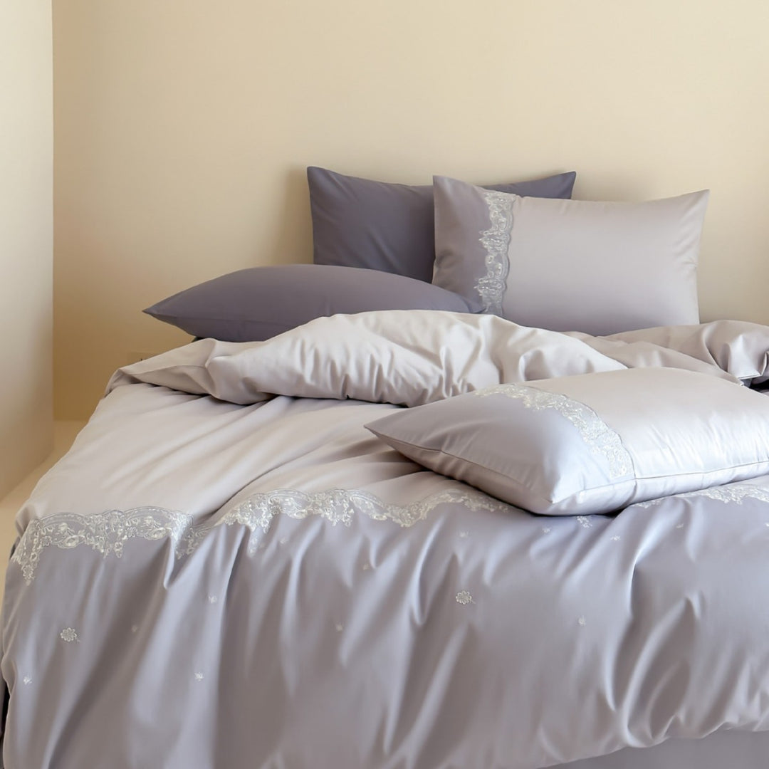 Luxury Micro-Sateen Duvet Cover Ensemble with Scalloped Lace Embroidery
