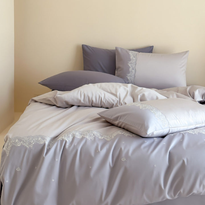 Luxury Micro-Sateen Duvet Cover Ensemble with Scalloped Lace Embroidery