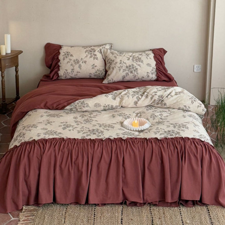 Reversible Floral Cotton-Linen Ruffled Duvet Cover Set with Gathered Bedskirt and Pillow Shams